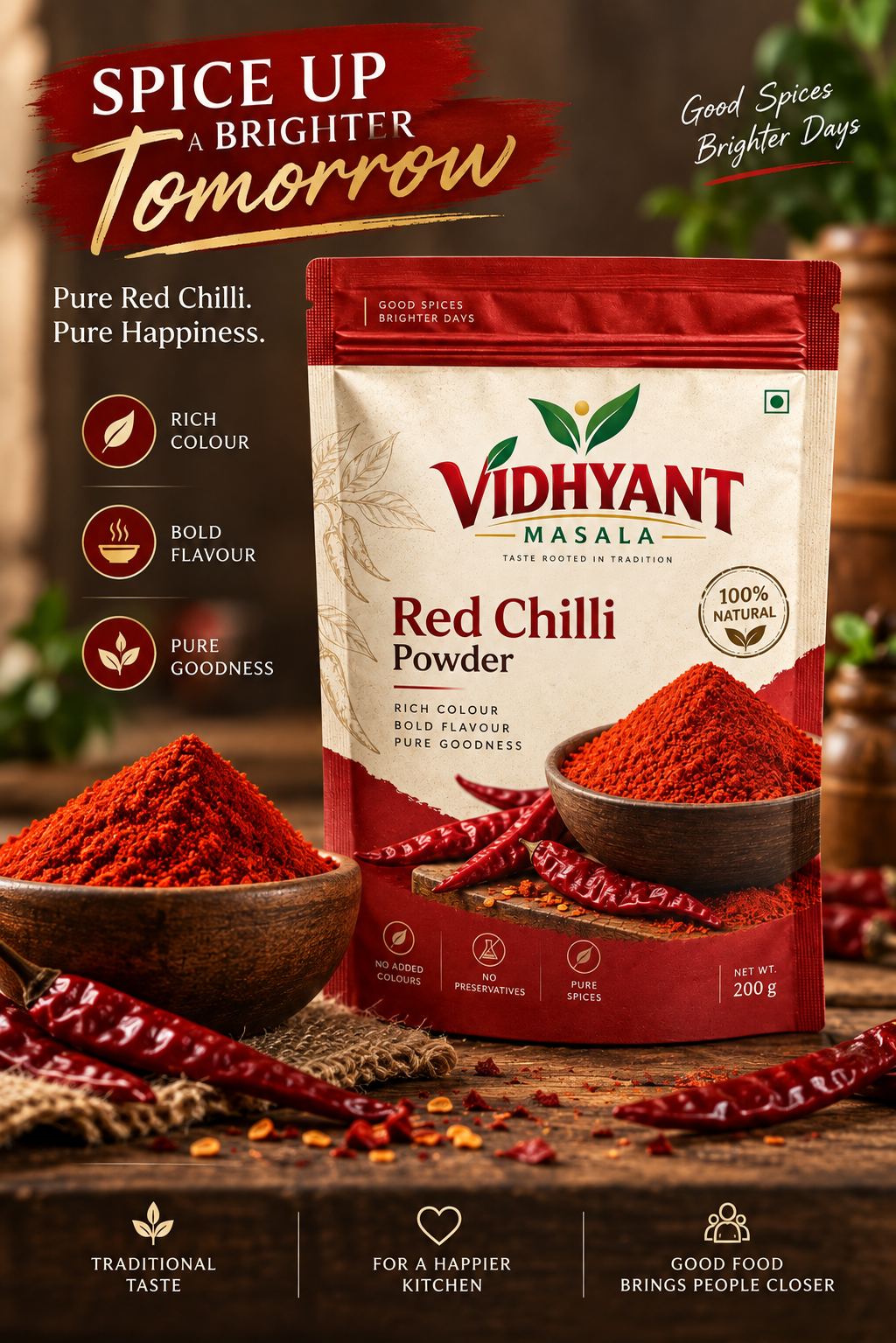 VIDHYANT Masala Premium Red Chilli Powder –  100% Natural | Rich Colour, Bold Flavour & Pure Goodness | 200g