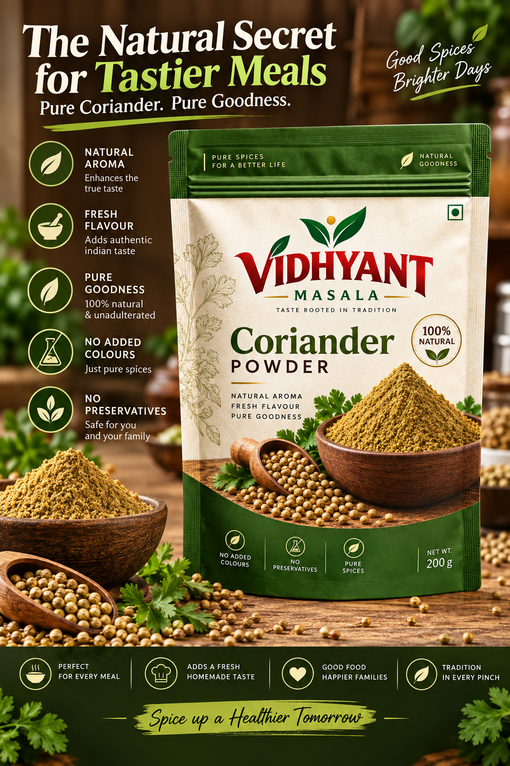 VIDHYANT Masala Premium Coriander Powder – Fresh Aroma, Authentic Flavour & 100% Natural Goodness | No Added Colours | 200g